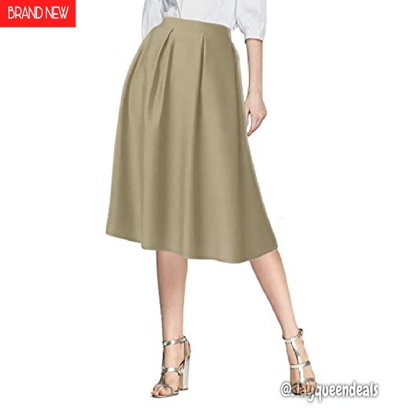 Knee Length A-Line Midi Skirt Elastic Waist Pockets Work Casual - Picture 3 of 5